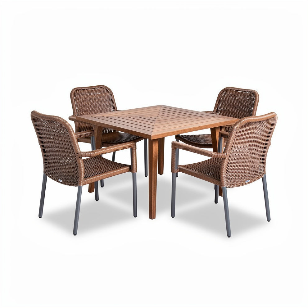 **Tuinset van Hout met Wicker Stoelen - Vierkante Tafel met 4 Stoelen**