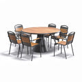 Ronde Houten Eettafel met Zwarte Metaalbasis en Acht Stoelen
