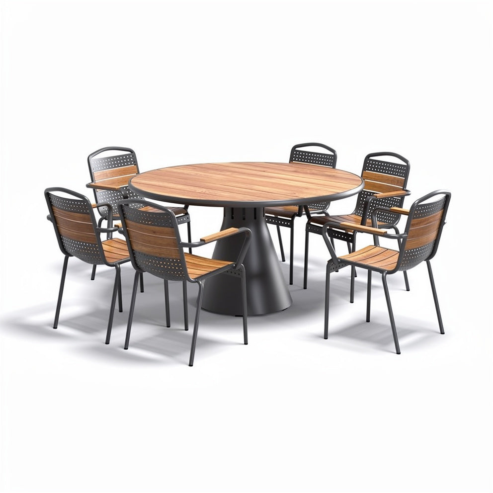 Ronde Houten Eettafel met Zwarte Metaalbasis en Acht Stoelen