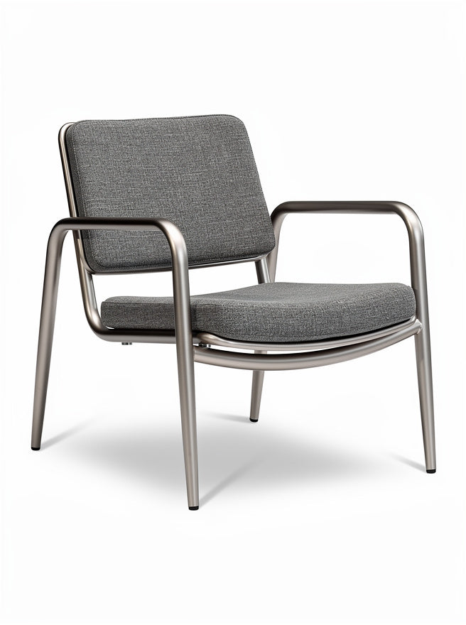 Moderne minimalistische fauteuil met metalen frame en gestoffeerde zitting.