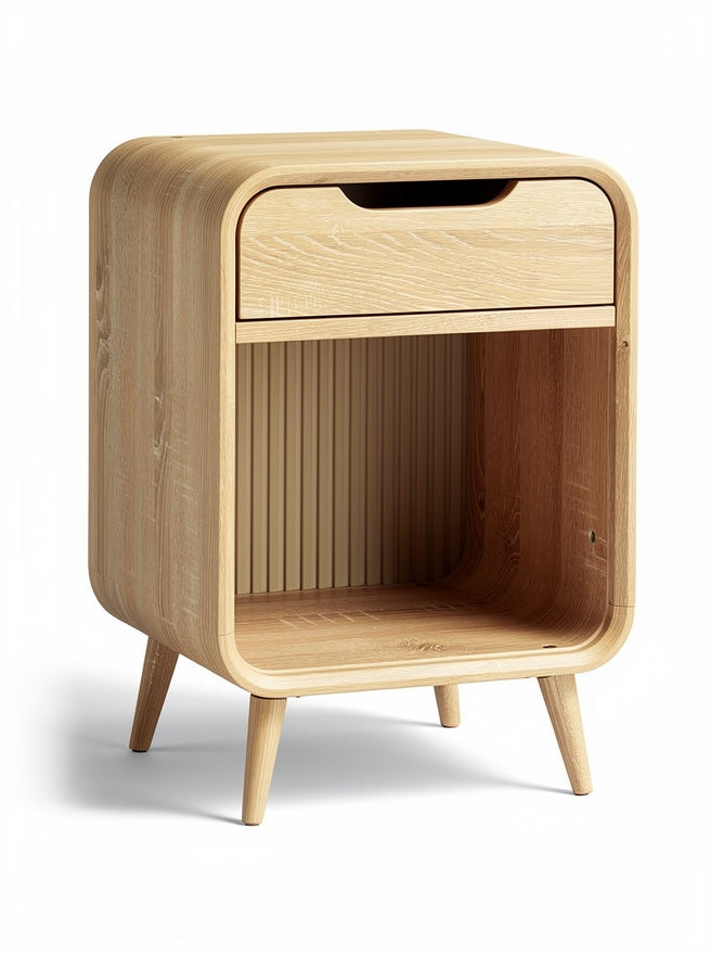 Technische titel: "Moderne Nachtkast met Houten Afwerking en Open Opslag"